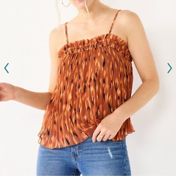 Nine West Pleated Tank Blouse w Ruffle Accent Sz Large Orange Brown - Picture 1 of 2